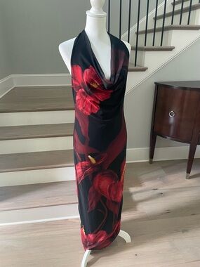 Black & Red Floral Halter Maxi Dress